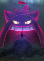 Rule 34 | 1boy, ahoge, allister (pokemon), blue eyes, cloud, colored sclera, creatures (company), game freak, gen 1 pokemon, gengar, gigantamax, gigantamax gengar, glowing, glowing eyes, gym leader, highres, mask, night, night sky, nintendo, open mouth, otsumami (bu-bu-heaven), outdoors, pokemon, pokemon (creature), pokemon swsh, purple hair, red eyes, shorts, size difference, sky, standing, star (sky), teeth, yellow sclera