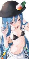 Rule 34 | 1girl, @ @, absurdres, bikini, bikini top only, black bikini, black hat, blue hair, blush, breasts, cleavage, collarbone, food, fruit, hat, hat ornament, highres, hinanawi tenshi, long hair, looking at viewer, navel, peach, petite, simple background, skirt, small breasts, solo, stomach, sweat, swimsuit, touhou, tsune (tune), v-shaped eyebrows, very long hair, white background, white skirt