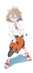 Rule 34 | 1girl, absurdres, bandaid, bandaid on cheek, bandaid on face, bandaid on nose, blue hair, blue skirt, blush, chainsaw, chainsaw man, crossover, do it yourself!!, full body, grey hair, hair between eyes, highres, holding, long sleeves, messy hair, multicolored hair, open mouth, oshake, pleated skirt, pochita (chainsaw man), shirt, shirt partially tucked in, shoes, simple background, skirt, sneakers, standing, white background, white shirt, yua serufu