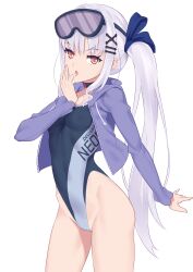 Rule 34 | 1girl, absurdres, black one-piece swimsuit, blue jacket, breasts, choker, collarbone, covered navel, drawstring, melusine (fate), fate/grand order, fate (series), forked eyebrows, goggles, goggles on head, hair ornament, hairclip, highleg, highleg swimsuit, highres, hood, hooded jacket, jacket, jilu, long hair, long sleeves, looking at viewer, one-piece swimsuit, open clothes, open jacket, open mouth, orange eyes, side ponytail, sidelocks, small breasts, solo, swimsuit, thighs, white background, white hair