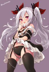 Rule 34 | 1girl, azur lane, black bra, black panties, black shirt, black skirt, black thighhighs, blush, bra, breasts, cameltoe, chain, cleavage, clothes lift, clothes pull, garter straps, hair between eyes, hand to own mouth, highres, lifting own clothes, long hair, naughty face, navel, open mouth, panties, purple eyes, ribbon, shirt, shirt down, shirt pull, silver hair, skirt, skirt lift, small breasts, smile, solo, suzuki toto, thighhighs, twintails, underwear, vampire (azur lane)
