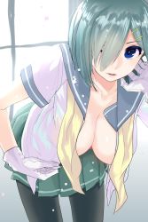 Rule 34 | 10s, 1girl, backlighting, black pantyhose, blue eyes, breasts, collarbone, female focus, gloves, gradient background, hair ornament, hair over one eye, hairclip, hamakaze (kancolle), hanging breasts, highres, kantai collection, large breasts, leaning forward, lips, looking at viewer, no bra, open clothes, open shirt, pantyhose, parted lips, pleated skirt, school uniform, see-through, serafuku, shirt, short hair, short sleeves, silver hair, skirt, smile, solo, tong (kirisaki312), untied, white gloves