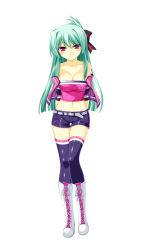 Rule 34 | 1girl, aqua hair, arms behind back, bare shoulders, beatmania, beatmania iidx, belt, blue legwear, blush, boots, bow, breasts, cleavage, collarbone, cross-laced footwear, full body, hair bow, highres, kanzaki saya, kinoshita ichi, knee boots, lace-up boots, long hair, medium breasts, midriff, navel, non-web source, purple eyes, see-through, shorts, simple background, solo, standing, strapless, tube top, white background, white footwear