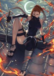 Rule 34 | 1girl, bandages, bandaged leg, bandages, bare shoulders, black gloves, cloud, cloudy sky, covered mouth, covered navel, crescent moon, embers, fire, gloves, hair between eyes, half gloves, hara kenshi, highres, holding, holding weapon, kunai, leotard, long hair, looking at viewer, moon, ninja, orange hair, original, outdoors, ponytail, red eyes, rooftop, scabbard, sheath, sitting, sky, solo, sword, thigh strap, toned, unsheathed, wakizashi, weapon