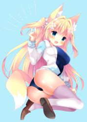 Rule 34 | 1girl, animal ear fluff, animal ears, ass, blonde hair, blue background, blue eyes, blue one-piece swimsuit, blush, bow, breasts, brown footwear, commentary request, drawstring, fox ears, fox girl, fox shadow puppet, fox tail, fuuna thise, hair between eyes, hair bow, hair intakes, hand up, hood, hood down, hooded jacket, jacket, large breasts, loafers, long hair, new school swimsuit, one-piece swimsuit, open clothes, open jacket, original, school swimsuit, shoe soles, shoes, sidelocks, simple background, solo, swimsuit, tail, thighhighs, two side up, very long hair, white bow, white jacket, white thighhighs