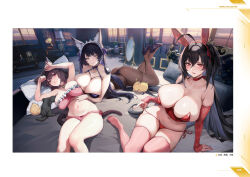Rule 34 | 3girls, ahoge, animal, animal ears, arm support, ass, azur lane, bare shoulders, bed, bed sheet, bird, black hair, breasts, bursting breasts, cat, cat ears, cat tail, character name, choker, cleavage, fake animal ears, fake tail, fingernails, frills, high heels, highleg, highleg panties, highres, huge breasts, indoors, large breasts, long hair, looking at viewer, lying, manjuu (azur lane), mirror, multiple girls, musashi (azur lane), navel, non-web source, official art, on back, on stomach, page number, panties, pantyhose, phonograph, pillow, pinkmill, pulled by self, rabbit ears, red eyes, short hair, smile, stomach, strapless, sunset, taihou (azur lane), tail, thighs, tube top, underwear, very long hair, yamashiro (azur lane)