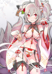Rule 34 | 1girl, :3, aburaage, ahoge, animal ears, blush, breasts, closed mouth, detached sleeves, earrings, eating, food, food on face, fox ears, fox hair ornament, fox tail, garter straps, gloves, grey hair, hair between eyes, hair ornament, half gloves, hands up, highleg, highleg panties, holding, holding food, holster, jewelry, kitsune, kyuubi, long hair, looking at viewer, medium breasts, midriff, multiple tails, nail polish, navel, original, panties, red eyes, red nails, revealing clothes, side ponytail, sidelocks, single glove, solo, tail, tajima ryuushi, thigh holster, thighhighs, thighs, tofu, underwear, white gloves, white panties, white thighhighs, wide sleeves