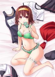 Rule 34 | 1girl, :d, ayatsuri-doll, bed sheet, bra, breasts, brown eyes, brown hair, buruma, cleavage, collarbone, commentary request, food, from above, green bra, green panties, gym uniform, hairband, highres, holding, kantai collection, looking at viewer, name tag, navel, open mouth, panties, pleated skirt, popsicle, school swimsuit, school uniform, serafuku, shiratsuyu (kancolle), short hair, sitting, skirt, smile, solo, swimsuit, translation request, underwear