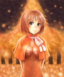 1girl bad_id bad_pixiv_id breasts brown_eyes brown_hair female_focus hagiwara_yukiho idolmaster idolmaster_(classic) nature outdoors short_hair solo yakusa