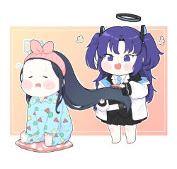 Rule 34 | 2girls, absurdly long hair, adjusting another&#039;s hair, alternate costume, aqua pajamas, aris (blue archive), barefoot, belt, black hair, blazer, blue archive, blush stickers, brushing hair, chibi, coat, collared shirt, comb, commentary request, cushion, drooling, full body, hair between eyes, hair ornament, hairband, halo, holding, holding comb, hood, hooded coat, jacket, long hair, long sleeves, looking at another, multiple girls, necktie, open clothes, open coat, parted bangs, pleated skirt, puffy cheeks, purple eyes, purple hair, school uniform, shirt, sidelocks, simple background, sitting, skirt, sleepy, soles, standing, toes, very long hair, white coat, yosik, yuuka (blue archive)
