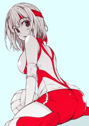 Rule 34 | 1girl, ass, ball, blue background, commentary, dutch angle, elbow pads, from behind, girls und panzer, greyscale, greyscale with colored background, headband, highres, knee pads, kondou taeko, looking at viewer, looking back, monochrome, partially colored, red headband, red shirt, red shorts, red socks, shiiba aki, shirt, short hair, short shorts, shorts, sitting, sleeveless, sleeveless shirt, socks, solo, sportswear, volleyball (object), volleyball uniform, wariza