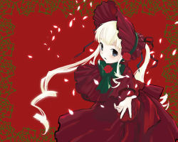 Rule 34 | 00s, 1girl, blonde hair, blunt bangs, blush, bonnet, dress, flower, hat, kantaro, long hair, long twintails, looking at viewer, open mouth, outstretched hand, petals, red dress, red theme, rose, rozen maiden, shinku, simple background, solo, twintails