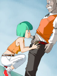 Rule 34 | 1girl, amedama akihito, armpits, blue eyes, blush, breasts, bulma, censored, dr. gero (dragon ball), dragon ball, dragonball z, facial hair, feet, fellatio, from side, green hair, jacket, large breasts, legs, looking at another, male pubic hair, medium hair, midriff, mosaic censoring, mustache, old, old man, old school academy, oral, penis, pubic hair, shoes, simple background, sleeveless, sneakers, squatting, standing, thighs
