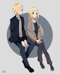 Rule 34 | 1boy, 1girl, ahoge, alternate costume, bad id, bad twitter id, black footwear, black jacket, blonde hair, brother and sister, closed mouth, collared shirt, creatures (company), eyelashes, game freak, gladion (pokemon), green eyes, hair over one eye, highres, invisible chair, jacket, lillie (pokemon), long hair, long sleeves, nintendo, open clothes, open jacket, own hands together, pants, pokemon, pokemon sm, shirt, shoes, short hair, siblings, signature, sitting, smile, tere asahi, white shirt