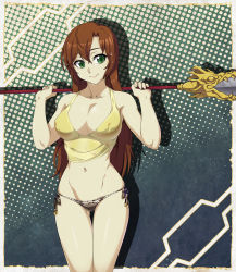 Rule 34 | 1girl, bikini, bikini bottom only, breasts, brown hair, character request, chuunioniika, cleavage, commentary, commission, cowboy shot, english commentary, green eyes, hair between eyes, highres, large breasts, long hair, navel, no bra, original, over shoulder, panties, polearm, polka dot, shirt, side-tie panties, solo, swimsuit, tank top, thigh gap, underwear, weapon, weapon over shoulder, wet, wet clothes, wet shirt