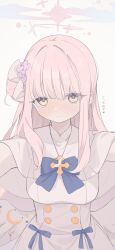 Rule 34 | 1girl, angel wings, blue archive, blush, breasts, capelet, closed mouth, commentary request, crescent, crescent pin, dress, feathered wings, flower, hair bun, hair flower, hair ornament, halo, highres, kii (kiiui), large breasts, long hair, looking at viewer, mika (blue archive), pink hair, pink halo, purple flower, simple background, single side bun, solo, translation request, upper body, white background, white capelet, white dress, white wings, wings, yellow eyes