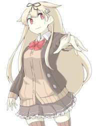 Rule 34 | 1girl, akara kai, black ribbon, blonde hair, brown jacket, brown skirt, brown thighhighs, commentary request, commission, hair flaps, hair ornament, hair ribbon, hairclip, highres, jacket, kantai collection, long hair, looking at viewer, pleated skirt, red eyes, ribbon, school uniform, simple background, skirt, solo, suzuya (kancolle), suzuya kai ni (kancolle), thighhighs, white background, yuudachi (kancolle)