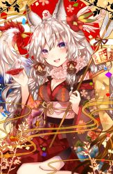 Rule 34 | 1girl, :d, animal, animal ears, animal on head, arrow (projectile), asada sadao, bad id, bad pixiv id, bird, black kimono, blush, braid, breasts, chick, chicken, chinese zodiac, cleavage, cup, ema, fang, floral print, green eyes, hair ornament, hair ribbon, hamaya, happy new year, highres, holding, holding arrow, holding plate, japanese clothes, kimono, long hair, looking at viewer, medium breasts, multicolored eyes, new year, obi, on head, open mouth, original, plate, red eyes, red ribbon, ribbon, rooster, sakazuki, sash, silver hair, sitting, smile, solo, twin braids, wariza, year of the rooster