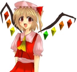 Rule 34 | 1girl, bad id, bad pixiv id, blonde hair, fang, female focus, flandre scarlet, hat, kamaboko natsuka, mob cap, pink hat, ponytail, red eyes, ribbon, simple background, solo, standing, touhou, white background, wings