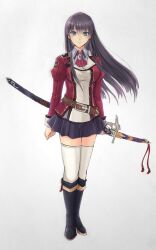 Rule 34 | 1girl, black hair, blue eyes, boots, breasts, brooch, commentary, eiyuu densetsu, elise schwarzer, english commentary, floating hair, full body, hair between eyes, highres, holding, holding sword, holding weapon, jewelry, katana, large breasts, long hair, notejhay, school uniform, sen no kiseki, sidelocks, simple background, skirt, smile, solo, sword, thighhighs, thors military academy class vii uniform, uniform, weapon, white background
