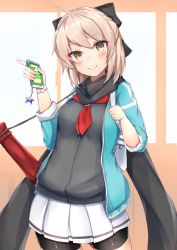Rule 34 | 1girl, absurdres, ahoge, aqua jacket, backpack, bag, bike shorts, black bow, black scarf, black shorts, blonde hair, blush, bow, breasts, cellphone charm, charm (object), closed mouth, contemporary, fate/grand order, fate (series), grey shirt, hair between eyes, hair bow, half updo, highres, jacket, koha-ace, long sleeves, looking at viewer, nanakaku, neckerchief, okita souji (fate), okita souji (koha-ace), open clothes, open jacket, pleated skirt, red neckerchief, sailor collar, scarf, shirt, short hair, shorts, skirt, smile, solo, white skirt, yellow eyes