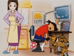 Rule 34 | 1990s (style), 1boy, 1girl, 1other, animated, animated gif, apron, bare legs, bedroom, black hair, blue footwear, blue shorts, book, brown hair, chair, closed eyes, desk, desk lamp, drawer, duster, hand on own hip, hands on own hips, indoors, lamp, lavender shirt, looking at another, lowres, mature female, medarot, medium hair, metabee, no shoes, office chair, purple skirt, red shirt, retro artstyle, robot, shirt, short hair, shorts, sitting, skirt, sleeping, slippers, smile, socks, standing, swivel chair, tenryou chidori, tenryou ikki, white legwear, yellow apron