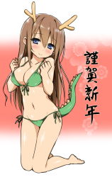 Rule 34 | 10s, 1girl, 2012, antlers, barefoot, bikini, blue eyes, blush, breasts, brown hair, chinese zodiac, cleavage, dragon (chinese zodiac), dragon tail, front-tie top, head tilt, highres, horns, kneeling, long hair, navel, new year, original, shiny skin, side-tie bikini bottom, sky-freedom, smile, solo, strap gap, swimsuit, tail