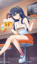Rule 34 | 1girl, absurdres, alcohol, among us, beer, beer mug, blue eyes, blue hair, breasts, commentary, cup, english commentary, fire emblem, fire emblem awakening, grimmelsdathird, hair between eyes, highres, holding, holding cup, holding tray, hooters, indoors, long hair, looking at viewer, lucina (fire emblem), medium breasts, mug, nintendo, orange shorts, shirt, shoes, short shorts, shorts, sitting, smile, sneakers, solo, tank top, tray, uniform, waitress, white footwear, white shirt
