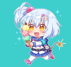 Rule 34 | 1girl, :d, armband, blue background, blue sailor collar, blue skirt, bombergirl, chibi, drooling, food, grey hair, hair between eyes, hair ornament, highres, holding, holding food, ice cream, ice cream cone, kaoling, lit fuse, loafers, long sleeves, mouth drool, neckerchief, one side up, open mouth, orange eyes, pink footwear, pink neckerchief, pleated skirt, running, sailor collar, school uniform, serafuku, shiro (bombergirl), shirt, shoes, simple background, skirt, smile, solo, thighhighs, triple scoop, white shirt, white thighhighs