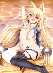 Rule 34 | 1girl, :d, arm behind head, arm support, arm up, asymmetrical legwear, bad id, bad pixiv id, barcode, barcode tattoo, beach, blonde hair, blue eyes, blush, breasts, detached collar, fang, flower, g41 (girls&#039; frontline), girls&#039; frontline, groin, hair between eyes, hair censor, heterochromia, highres, leaning back, long hair, low twintails, mapar, mechanical arms, mismatched legwear, navel, nude, open mouth, outdoors, red eyes, single mechanical arm, sitting, small breasts, smile, solo, sunset, tattoo, thighhighs, twintails, very long hair, water