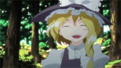 Rule 34 | 1girl, animated, animated gif, blonde hair, female focus, forest, frills, green eyes, hat, kirisame marisa, nature, outdoors, plant, ribbon, short hair, smile, solo, touhou, touhou anime project, tree, witch, witch hat