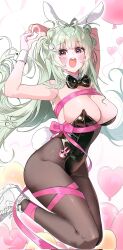 Rule 34 | :o, adjusting clothes, animal ears, antenna hair, black bow, black bowtie, black leotard, blush, bound, bound ankles, bowtie, breasts, brown pantyhose, detached collar, fake animal ears, fake tail, goddess of victory: nikke, green hair, heart, heart antenna hair, heart hands, highleg, highleg leotard, jjan-uyu, large breasts, leotard, long hair, mole, mole on breast, open mouth, pantyhose, pink eyes, playboy bunny, rabbit ears, rabbit tail, ribbon, ribbon bondage, soda (nikke), soda (twinkling bunny) (nikke), strapless, strapless leotard, sweatdrop, tail, twintails, wrist cuffs