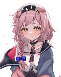 Rule 34 | 1girl, animal ears, arknights, black choker, black hairband, blue bow, blush, bow, braid, brown eyes, cat ears, cat girl, cat tail, choker, collarbone, commentary request, flying sweatdrops, goldenglow (arknights), grey jacket, hair bow, hair over shoulder, hairband, jacket, lightning bolt print, long hair, off shoulder, one-hour drawing challenge, open clothes, open jacket, print hairband, raramente, shirt, simple background, single braid, solo, tail, upper body, white background, white shirt