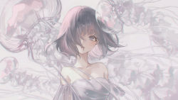 Rule 34 | 1girl, bare shoulders, blush, bob cut, breasts, chromatic aberration, cleavage, collarbone, commentary request, dress, grey dress, grey eyes, grey hair, hair over one eye, highres, jellyfish, looking at viewer, marutani, medium breasts, original, parted lips, short hair, solo, upper body