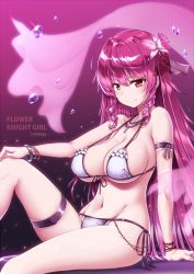 Rule 34 | 1girl, arm support, bad id, bad pixiv id, bangle, bikini, bracelet, breasts, cattleya (flower knight girl), drill hair, flower, flower knight girl, hair flower, hair ornament, jewelry, large breasts, bridal garter, long hair, looking at viewer, navel, necklace, purple theme, red eyes, red hair, ribucci, sitting, smile, solo, sparkle, swimsuit, thigh strap, twin drills, water drop