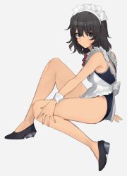 Rule 34 | 1girl, andou (girls und panzer), apron, arm support, bare legs, black eyes, black footwear, black hair, black one-piece swimsuit, bow, bowtie, closed mouth, full body, girls und panzer, grey background, hair between eyes, long hair, looking at viewer, one-piece swimsuit, red bow, red bowtie, school swimsuit, simple background, sitting, sketch, solo, swimsuit, tan (inka), white apron, wrist cuffs