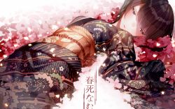 Rule 34 | 1girl, atha (leejuiping), black hair, cherry blossoms, commentary request, closed eyes, flower, half-closed eyes, highres, japanese clothes, kimono, lying, obi, on back, original, parted lips, petals, revision, sash, short hair, solo, translation request, wide sleeves