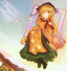 Rule 34 | 1girl, black hat, blonde hair, closed mouth, commentary request, constellation print, full body, gradient sky, green skirt, hat, long hair, looking at viewer, matara okina, outdoors, rope, shimenawa, sikitenhi, skirt, sky, smile, solo, tabard, touhou