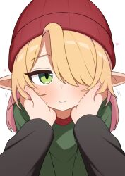 Rule 34 | 1girl, 1other, beanie, commentary, english commentary, green eyes, green shirt, hair over one eye, hands on another&#039;s cheeks, hands on another&#039;s face, hat, highres, long sleeves, mikoscrub, mile, original, pointy ears, pov, red hat, shirt, smile, straight-on