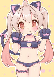 Rule 34 | 1girl, absurdres, ahoge, animal ear fluff, animal ears, animal hands, bare arms, bare shoulders, black bra, black choker, black panties, blush, bow, bra, breasts, bridal garter, brown eyes, cat cutout, cat ears, cat lingerie, cat tail, chibi, choker, clothing cutout, commentary, cowboy shot, frilled bra, frilled choker, frilled panties, frills, gloves, hair between eyes, hands up, highres, long hair, looking at viewer, meme attire, navel, onii-chan wa oshimai!, outline, oyama mahiro, panties, paw gloves, paw pose, pink bow, pink hair, simple background, small breasts, solo, stomach, tail, tail bow, tail ornament, thigh gap, twintails, underwear, uni nfia, very long hair, white outline, yellow background