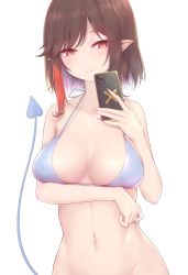 Rule 34 | 1girl, arm under breasts, bare arms, bare shoulders, bikini, blush, bottomless, breasts, brown hair, cellphone, chika&#039;s learning, cleavage, closed mouth, collarbone, colored inner hair, commentary request, demon girl, demon tail, highres, holding, holding phone, large breasts, lin chika, looking back, multicolored hair, navel, nikuku (kazedesune), out-of-frame censoring, phone, pointy ears, purple bikini, purple hair, red hair, selfie, short hair, sidelocks, slit pupils, smartphone, smile, solo, stomach, streaked hair, swimsuit, tail, virtual youtuber