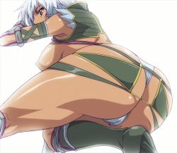 Rule 34 | 1girl, ass, back, bare shoulders, blue hair, boots, breasts, cameltoe, dark-skinned female, dark skin, elbow gloves, fang assassin irma, gloves, irma (queen&#039;s blade), irma (queen's blade), kneepits, legs, looking at viewer, looking back, nipples, panties, pink eyes, queen&#039;s blade, screencap, shiny skin, short hair, sideboob, silver hair, solo, thighs, thong, underwear