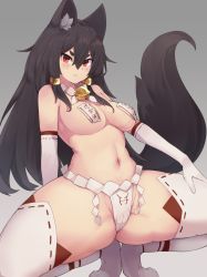 Rule 34 | 1girl, animal ear fluff, animal ears, bare shoulders, bell, black hair, breasts, cameltoe, cleft of venus, closed mouth, commentary, elbow gloves, fox ears, fox girl, fox tail, gloves, gradient background, grey background, groin, hair between eyes, hair ornament, hand on own thigh, highres, jingle bell, large breasts, long hair, looking at viewer, maebari, navel, neck bell, original, pasties, red eyes, ribbon-trimmed legwear, ribbon trim, shide, short eyebrows, sidelocks, skindentation, slit pupils, solo, spread legs, squatting, stomach, symbol-only commentary, tail, talisman, thick eyebrows, thick thighs, thighhighs, thighs, tsurime, white gloves, white thighhighs, yonaga san