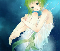 Rule 34 | 1girl, bad id, bad pixiv id, bare shoulders, barefoot, bow, breasts, bubble, dress, feet, gem, green eyes, green hair, gumi, highres, hugging own legs, jewelry, matching hair/eyes, nail polish, necklace, nemutagari, pearl (gemstone), short hair, sideboob, sleeveless, small breasts, solo, striped, underwater, vocaloid, white dress