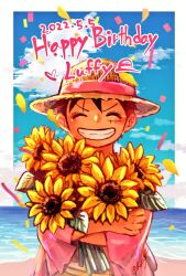 Rule 34 | 1boy, ^ ^, bouquet, character name, closed eyes, cloud, commentary request, confetti, dated, flower, happy birthday, holding, holding bouquet, holding flower, magu pink, male focus, monkey d. luffy, ocean, one piece, red shirt, sash, scar, scar on face, shirt, signature, sky, smile, solo, sunflower, teeth, upper body, yellow sash