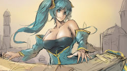 Rule 34 | 1girl, aqua hair, bare shoulders, blue eyes, breasts, cleavage, large breasts, league of legends, sketch, sky of morika, smile, solo, sona (league of legends), twintails