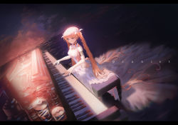 Rule 34 | 1girl, armband, bad id, bad pixiv id, bare shoulders, blue eyes, chair, choker, closed mouth, cloud, cloudy sky, collarbone, covered erect nipples, dress, english text, gears, gold, gold choker, instrument, letterboxed, long dress, long hair, looking at viewer, music, ocean, orange hair, original, piano, playing instrument, sitting, sky, solo, twintails, very long hair, white dress, wolflower