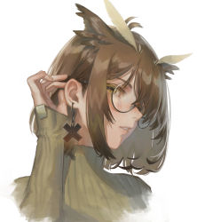 Rule 34 | 1girl, adjusting hair, arknights, black-framed eyewear, brown eyes, brown hair, commentary, cropped shoulders, duzt, ear focus, earrings, english commentary, eyelashes, feather hair, feathers, from side, glasses, green sweater, highres, jewelry, long sleeves, looking at viewer, owl ears, parted lips, portrait, ribbed sweater, semi-rimless eyewear, short hair, sidelocks, silence (arknights), simple background, sleeves past wrists, solo, sweater, swept bangs, under-rim eyewear, white background