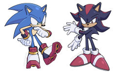Rule 34 | 2boys, artist name, black fur, blue fur, chronocrump, gauntlets, gloves, green eyes, hand on own hip, highres, legband, male focus, multicolored fur, multiple boys, pointy nose, red eyes, red fur, shadow the hedgehog, shoes, smirk, sonic (series), sonic the hedgehog, spiked hair, sweat, sweatdrop, twitter username, wristband