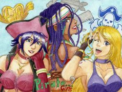 Rule 34 | 3girls, blonde hair, blue eyes, breasts, cleavage, company connection, crossover, dress, fatal fury, garou mark of the wolves, highres, jenet behrn, long hair, garou: mark of the wolves, multiple girls, pirate, purple dress, samurai spirits, snk, the king of fighters